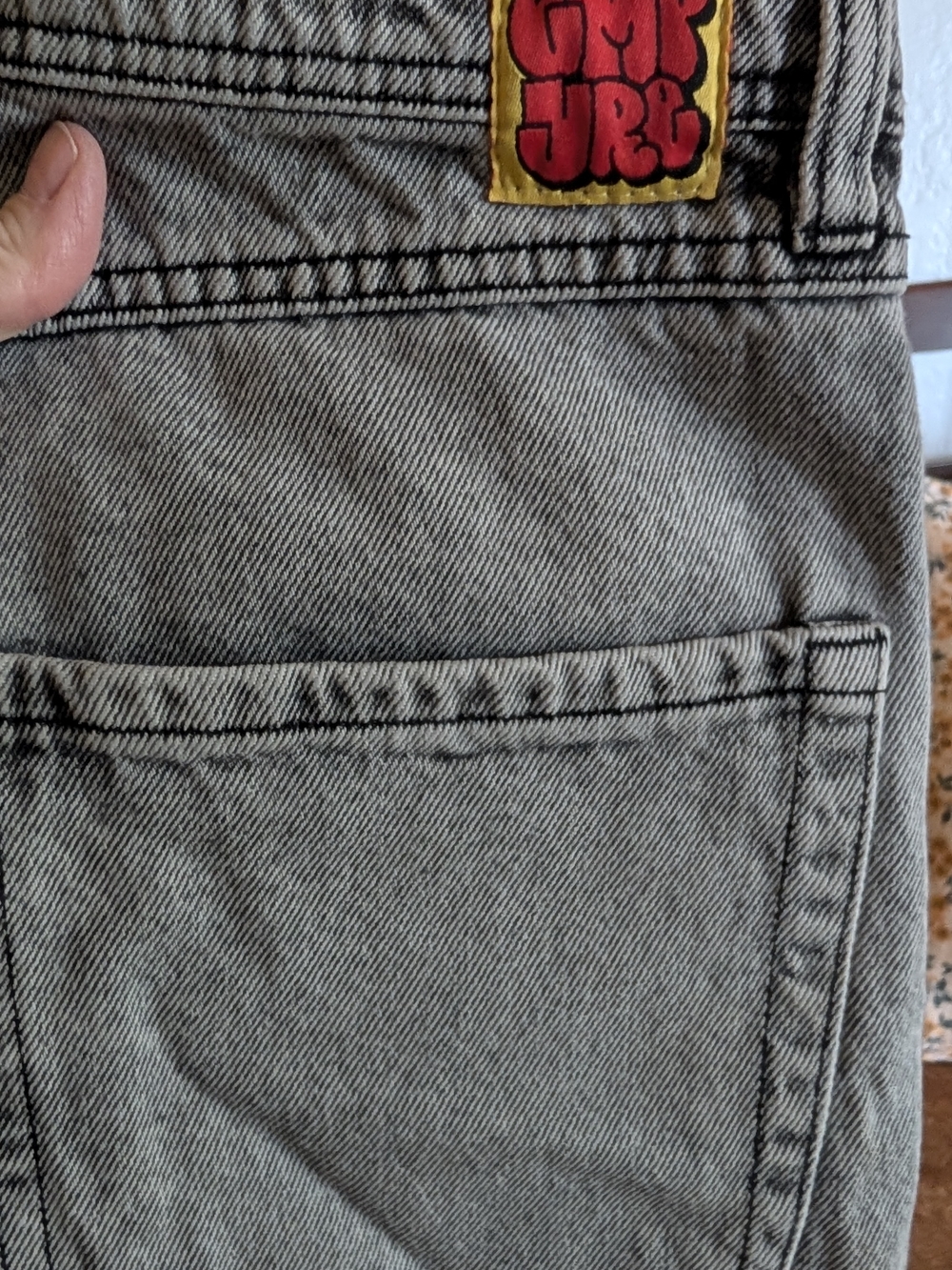 Empyre  Gray Wash Denim Jean Shorts with Red Patch